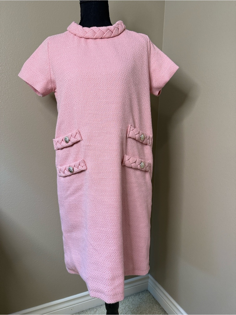 Women’s ' Pink Textured Shift Dress with Braided Trim